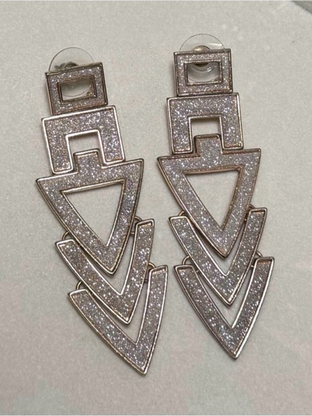 Silver Glitter Geometric Drop Earrings - Women's Fashion Jewelry